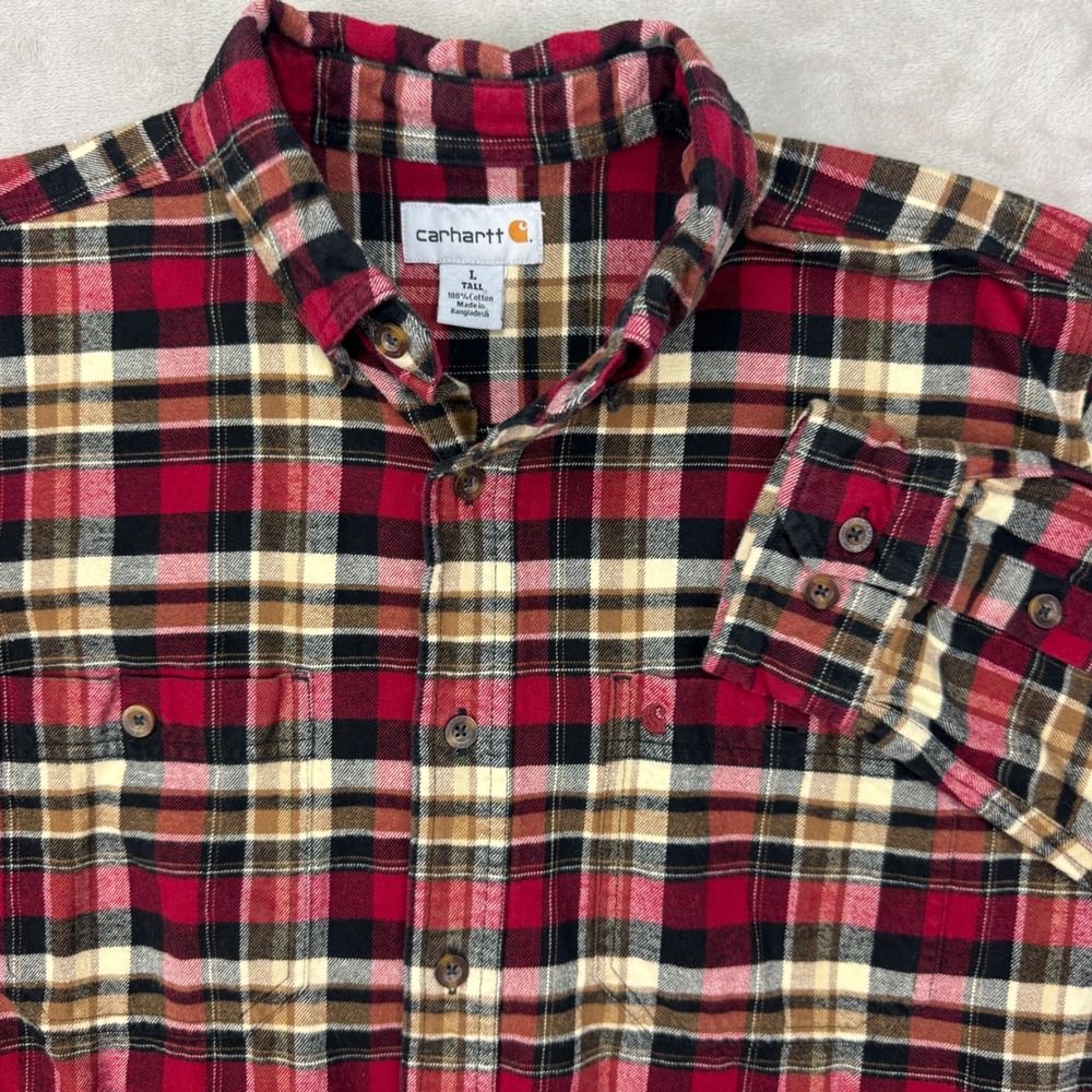 Carhartt Flannel Shirt Mens Large Red‎ Black Plaid Tall Fit Rugged Workwear